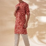 Taavi Paisley Printed Band Collar Pure Cotton Long Straight Kurta