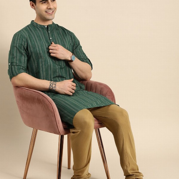 Anouk Men Green & Gold-Toned Striped Mandarin-Collar Kurta