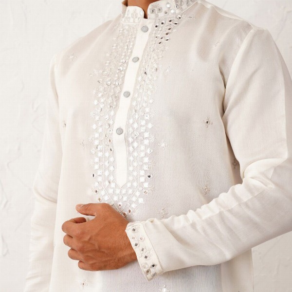 Jompers Floral Embroidered Mirror Work Mandarin Collar Cotton Silk Straight Kurta