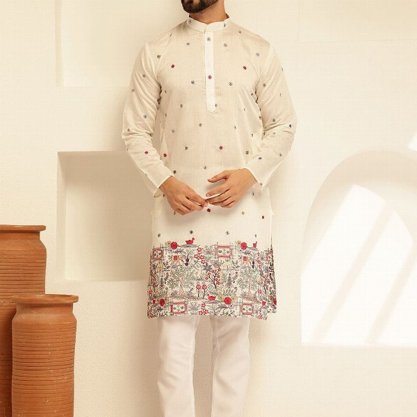 SOJANYA Floral Embroidered Mandarin Collar Thread Work Cotton Silk Straight Kurta