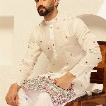 SOJANYA Floral Embroidered Mandarin Collar Thread Work Cotton Silk Straight Kurta
