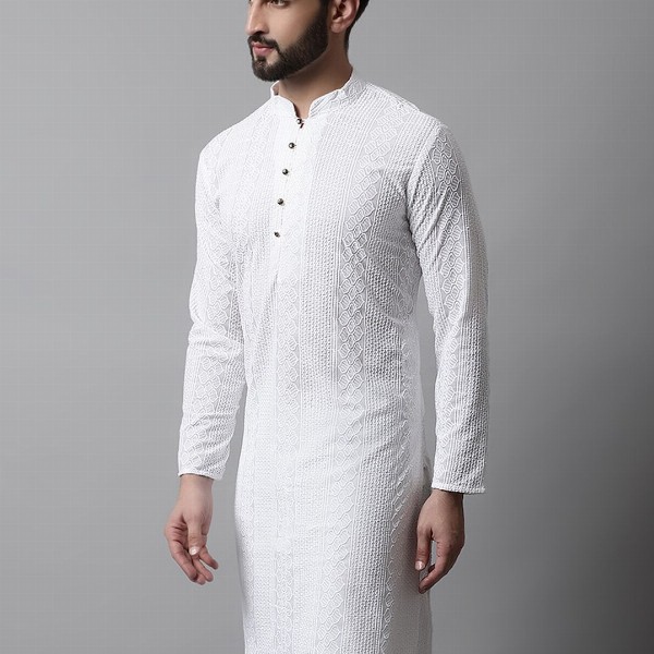 Jompers Men White Cotton Embroidered Chikankari Kurta