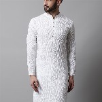 Jompers Men White Cotton Embroidered Chikankari Kurta