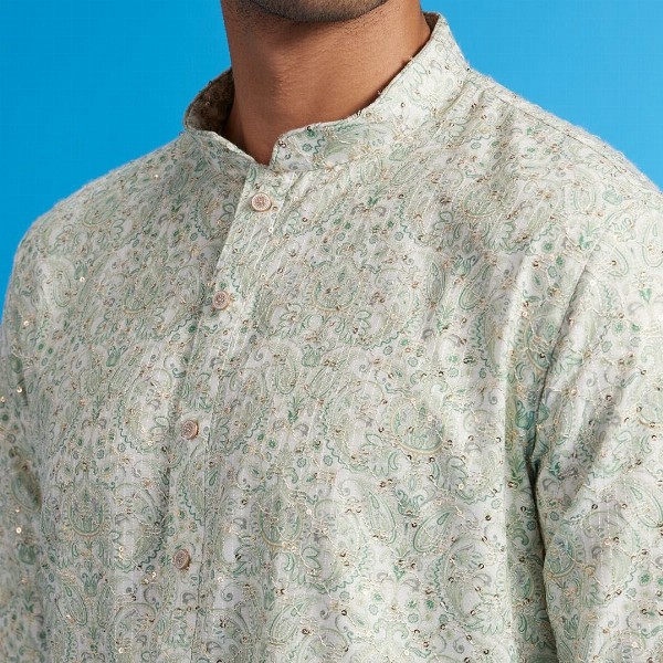 Diwas by Manyavar Ethnic Motifs Printed & Sequinned Mandarin Collar Cotton Straight Kurta