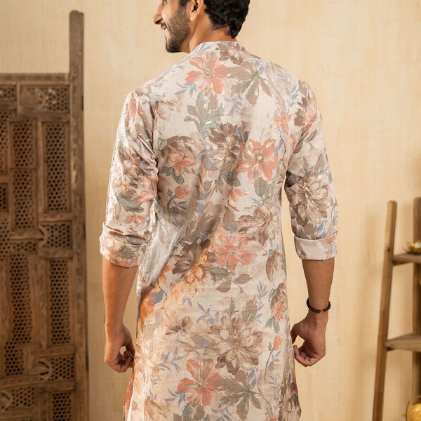 Shasak Floral Foil Printed Pastel Mandarin Collar Straight Cotton Kurta