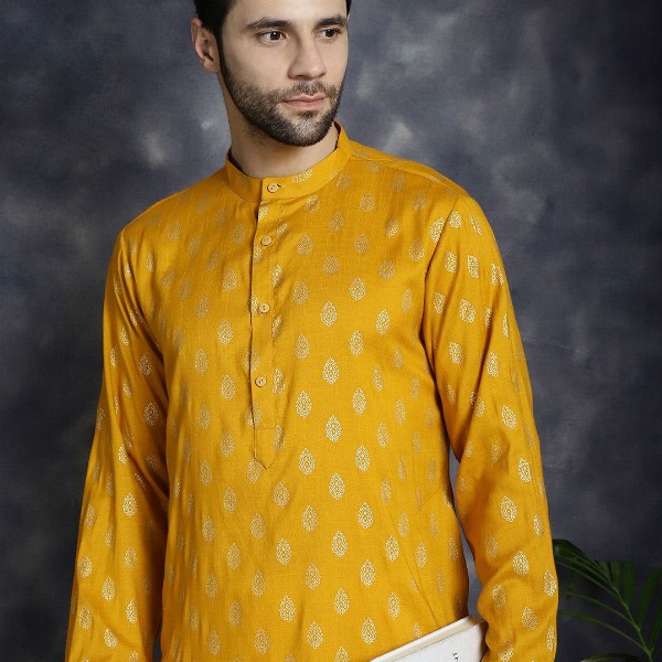 Anouk Mustard Yellow Ethnic Motifs Printed Band Collar Straight Kurta