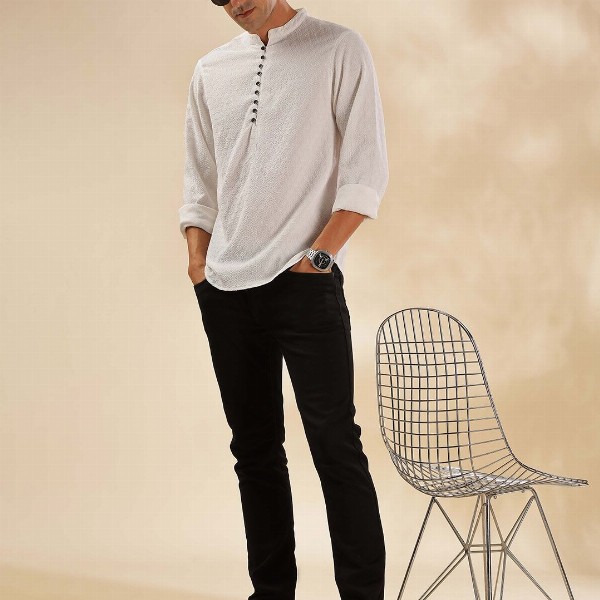 HERE&NOW Geometric Woven Design Thread Work Mandarin Collar Straight Short Kurta