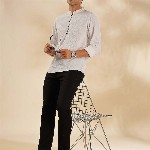 HERE&NOW Geometric Woven Design Thread Work Mandarin Collar Straight Short Kurta