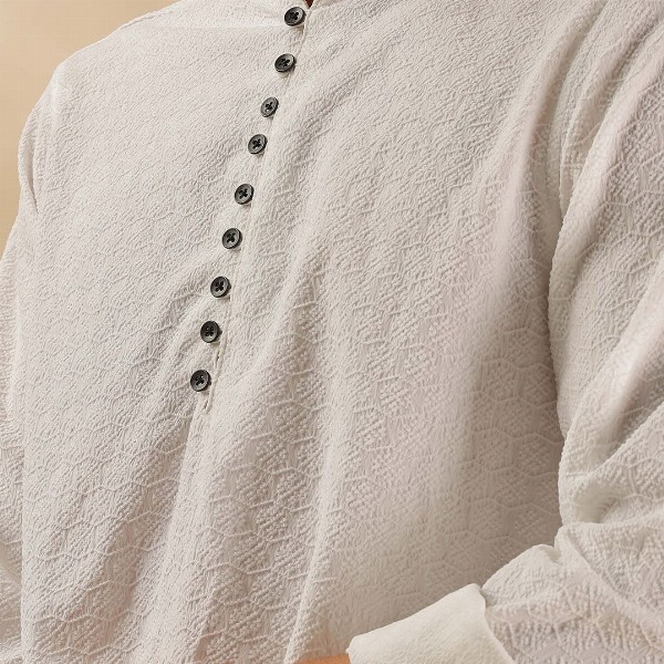 HERE&NOW Geometric Woven Design Thread Work Mandarin Collar Straight Short Kurta