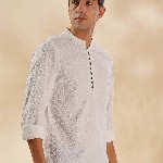 HERE&NOW Geometric Woven Design Thread Work Mandarin Collar Straight Short Kurta