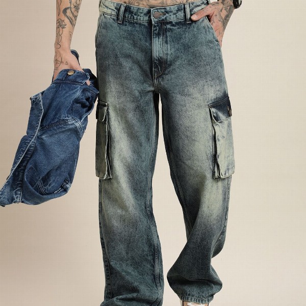 HERE&NOW Men Relaxed Cargo Pure Cotton Heavy Fade Jeans
