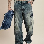 HERE&NOW Men Relaxed Cargo Pure Cotton Heavy Fade Jeans
