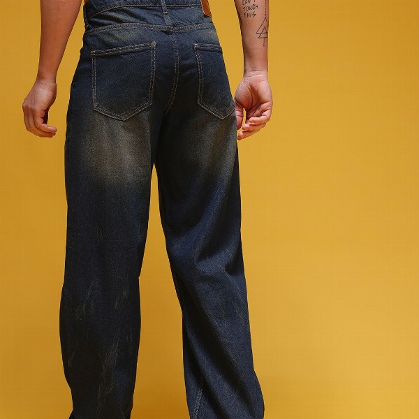 HERE&NOW Men Mid-Rise Acid Wash Crinkled Light Fade Pure Cotton Baggy Fit Jeans