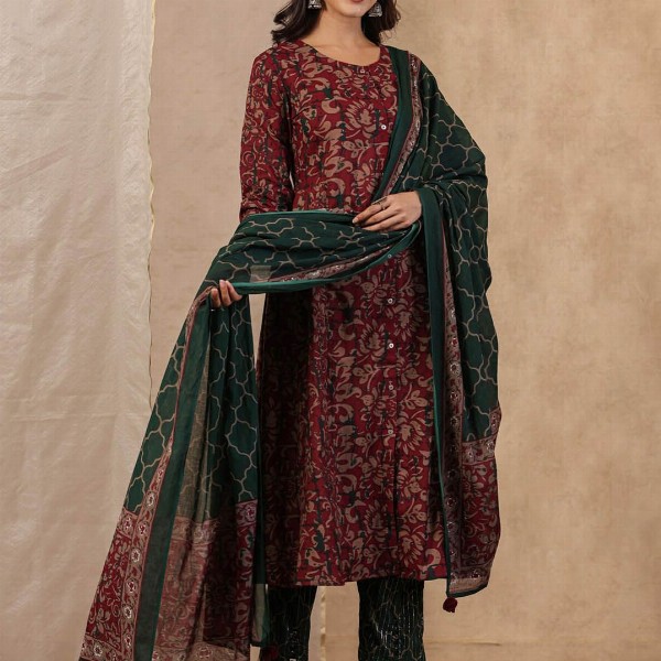Sangria Floral Printed Pure Cotton Straight Kurta With Trouser & Dupatta