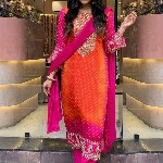 GoSriKi Bandhani Printed Sequinned Embroidery Work Kurta with Trousers & Dupatta