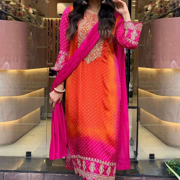 GoSriKi Bandhani Printed Sequinned Embroidery Work Kurta with Trousers & Dupatta