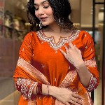 KALINI Floral Embroidered Notch Neck Art Silk Straight Kurta With Trousers And Dupatta