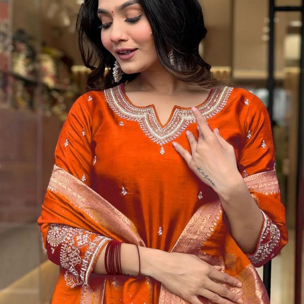 KALINI Floral Embroidered Notch Neck Art Silk Straight Kurta With Trousers And Dupatta