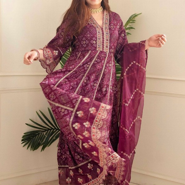 KALINI Ethnic Motif Printed Embroidered Panelled A-Line Kurta with Trousers & Dupatta