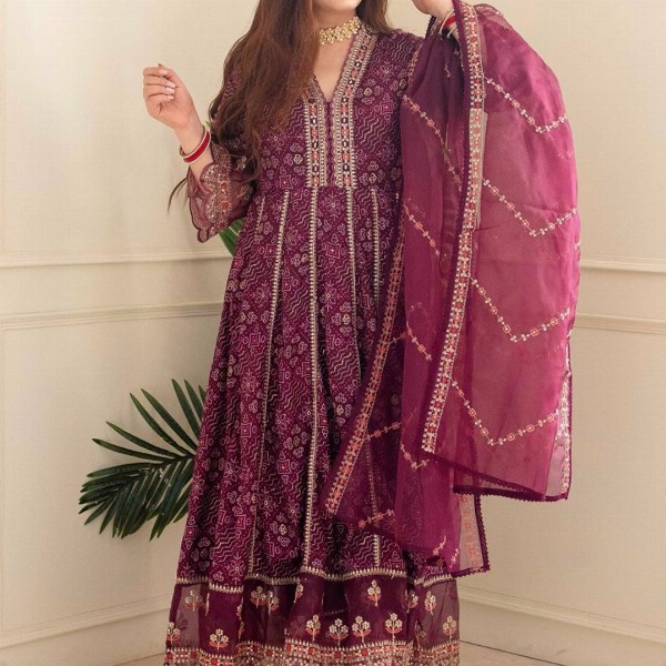 KALINI Ethnic Motif Printed Embroidered Panelled A-Line Kurta with Trousers & Dupatta