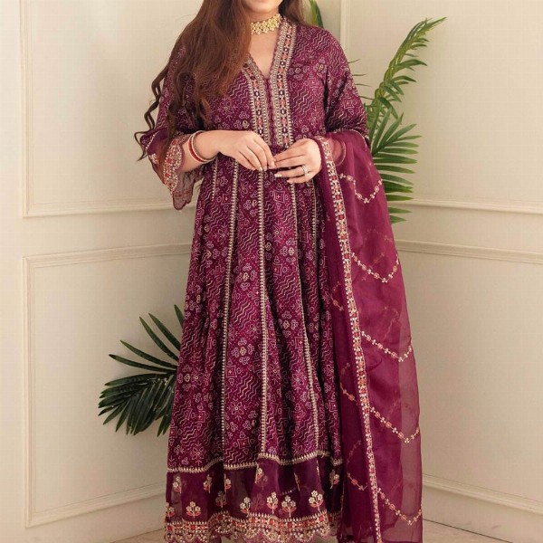 KALINI Ethnic Motif Printed Embroidered Panelled A-Line Kurta with Trousers & Dupatta