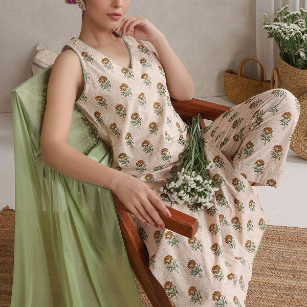 Khushal K Floral Printed V-Neck Pure Cotton Kurta With Palazzos And Dupatta