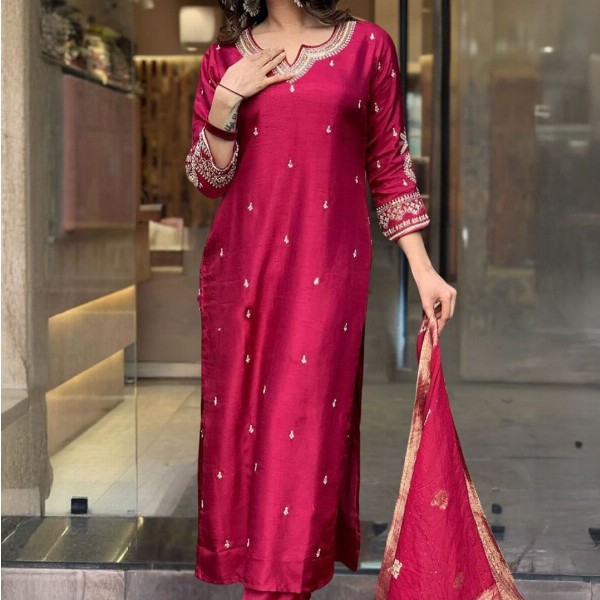 KALINI Floral Embroidered Straight Kurta With Trousers & Dupatta