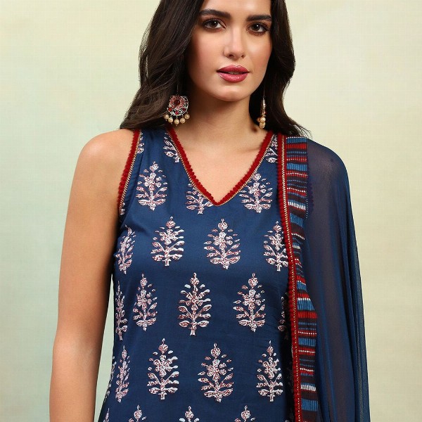 Khushal K Ethnic Motifs Printed V-Neck Sleeveless Pure Cotton Kurta with Palazzo & Dupatta
