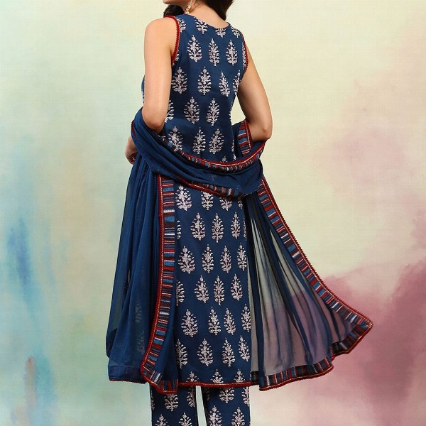 Khushal K Ethnic Motifs Printed V-Neck Sleeveless Pure Cotton Kurta with Palazzo & Dupatta