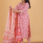 Aramya Paisley Printed V-Neck Regular Pure Cotton Kurta With Trouser With Dupatta