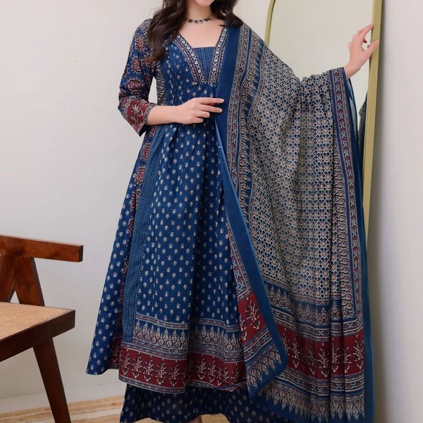 KALINI Floral Printed V Neck Anarkali Kurta With Trousers & Dupatta