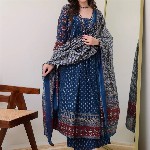 KALINI Floral Printed V Neck Anarkali Kurta With Trousers & Dupatta