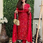 GoSriKi Bandhani Printed Round Neck Straight Kurta With Trousers & Dupatta