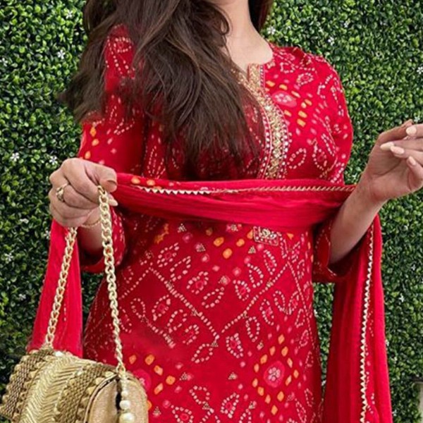 GoSriKi Bandhani Printed Round Neck Straight Kurta With Trousers & Dupatta