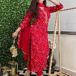 GoSriKi Bandhani Printed Round Neck Straight Kurta With Trousers & Dupatta