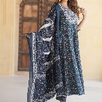 KALINI Floral Embroidered Thread Work Pure Cotton Anarkali Kurta With Trousers & Dupatta