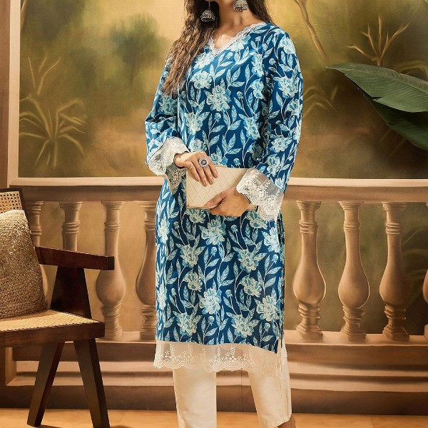 Sangria Floral Printed 100% Cotton Straight Kurta