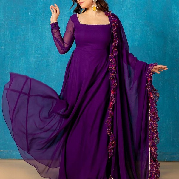 NUD Square Neck Gotta Patti Georgette Anarkali Kurta With Dupatta