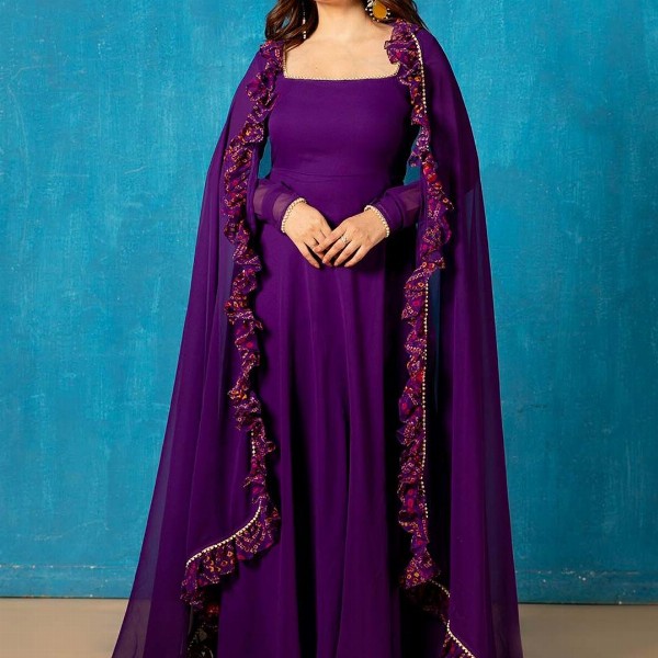 NUD Square Neck Gotta Patti Georgette Anarkali Kurta With Dupatta