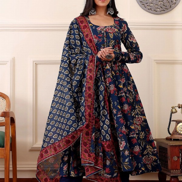 KALINI Floral Printed Anarkali Kurta With Trousers And Dupatta