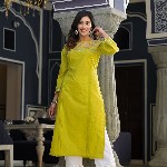 Varanga Women Floral Thread Embroidered Yoke Design Straight Kurta