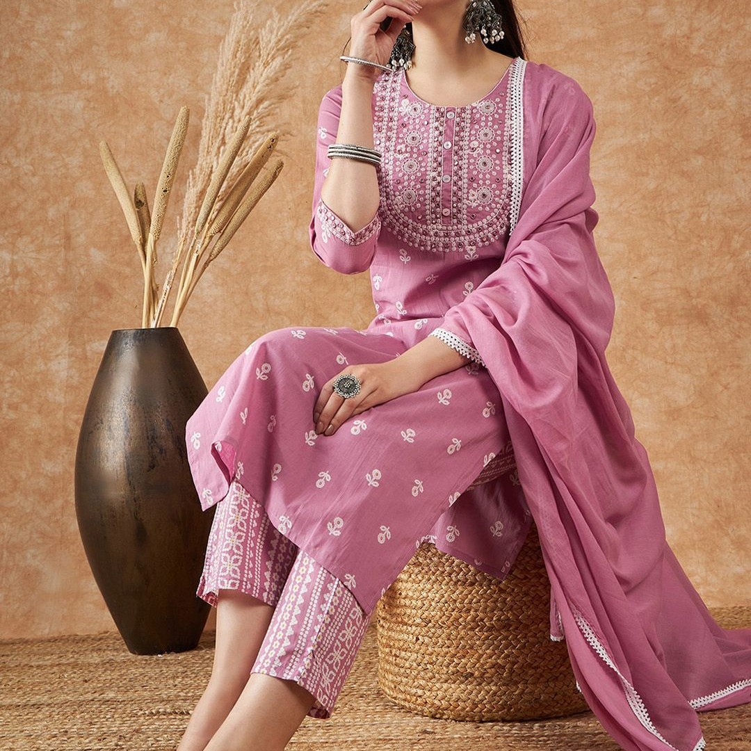 Sangria Floral Printed Pure Cotton Kurta With Trousers & Dupatta