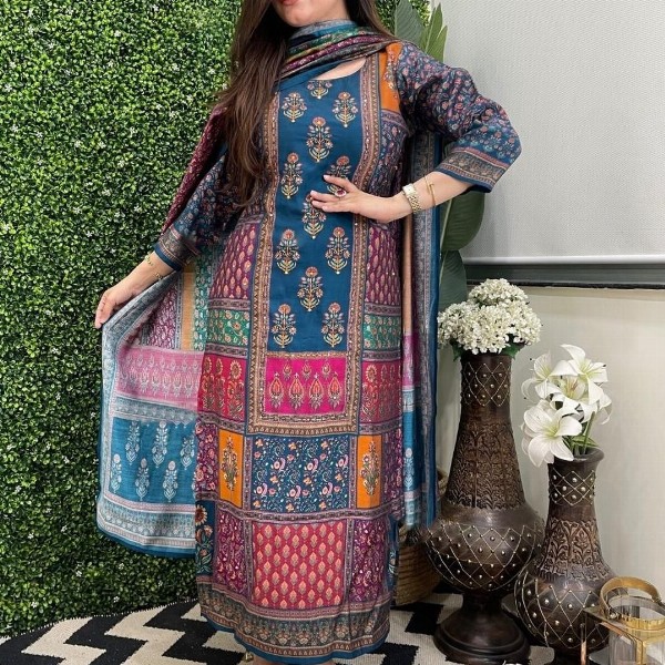 KALINI Women Multi Rayon Blend Printed Straight Kurta Set With Dupatta