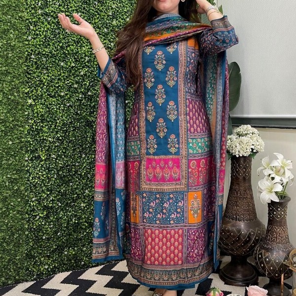 KALINI Women Multi Rayon Blend Printed Straight Kurta Set With Dupatta