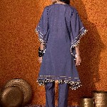Sangria Blue Geometric Embroidered Round Neck Mirror Work Kaftan With Trousers