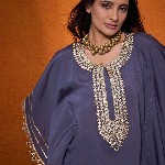 Sangria Blue Geometric Embroidered Round Neck Mirror Work Kaftan With Trousers