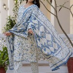 Anouk Women Floral Printed Regular Aari Work Pure Cotton Kurta with Trousers & With Dupatta