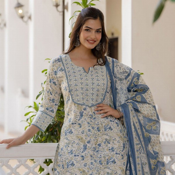 Anouk Women Floral Printed Regular Aari Work Pure Cotton Kurta with Trousers & With Dupatta