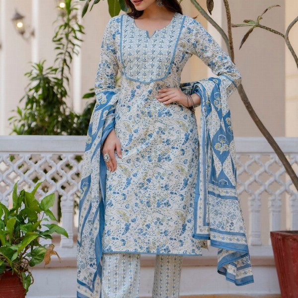 Anouk Women Floral Printed Regular Aari Work Pure Cotton Kurta with Trousers & With Dupatta
