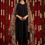 anayna Black & Orange Geometric Woven Design Cotton Anarkali Kurta with Trousers & Dupatta